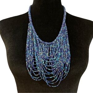 Chicos Draped Beaded Necklace Blue Purple Boho Glam Adjustable Length